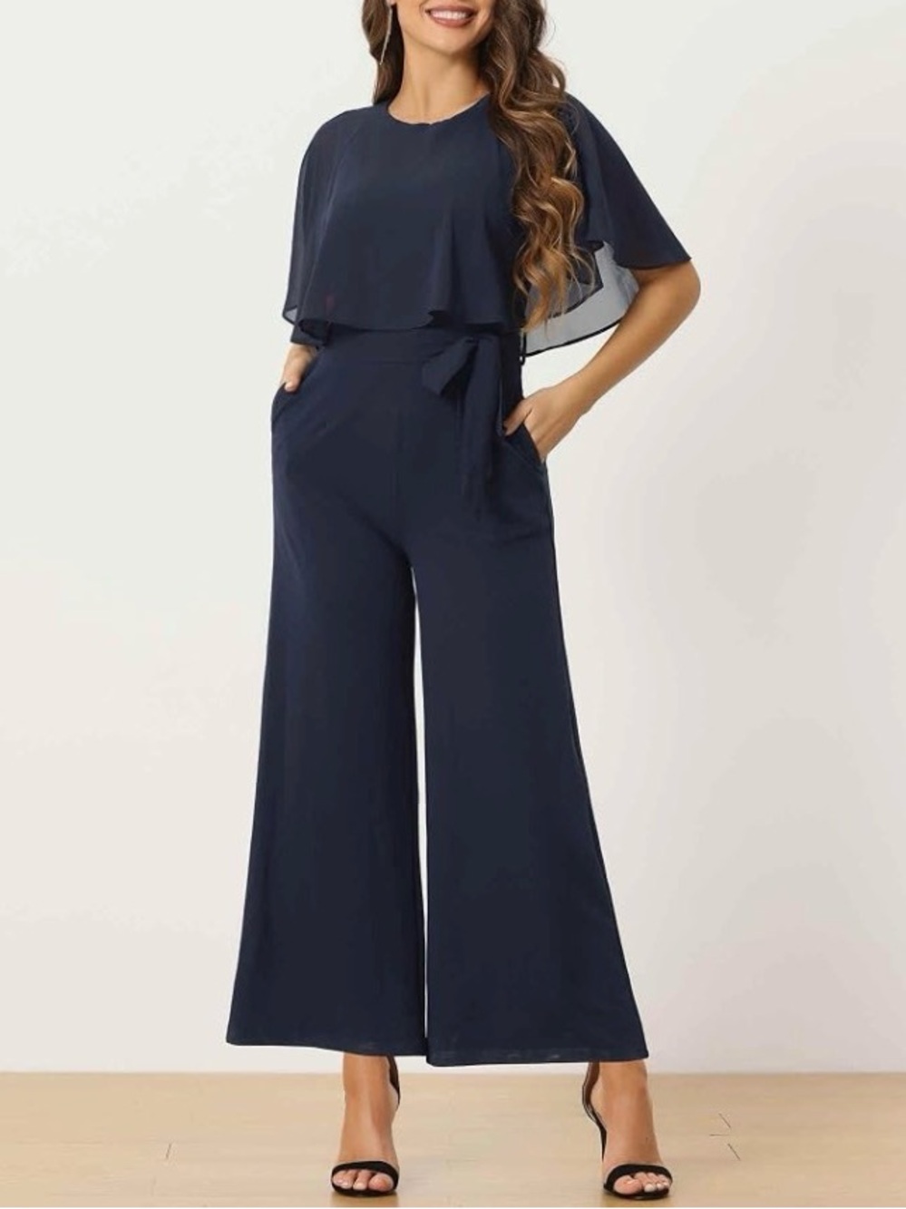 Women Ruffle Sleeve Jumpsuit Elegant Casual Tie Waist Wide Leg Pants with Pocket